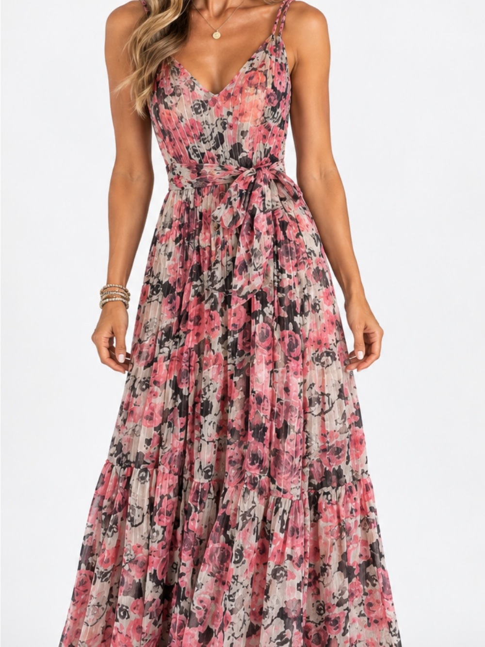 Astr Pink Floral Pleated V‑Neck Maxi Dress with Waist Tie
